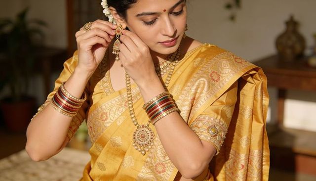Indian woman adjusting gold earring in yellow silk saree with traditional pendant jewelry