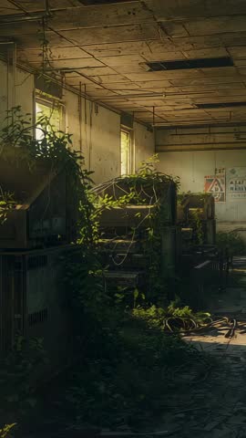 Vertical panning through rusted control room, vines reclaiming industrial machinery