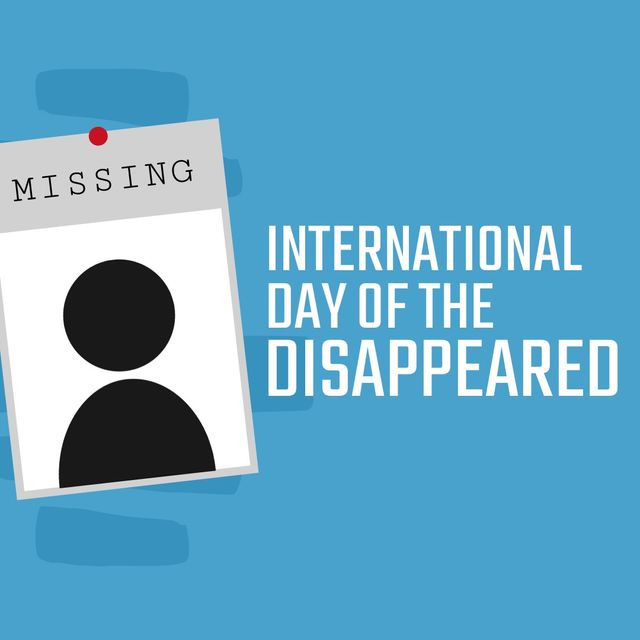 Illustration of missing text on picture and international day of the disappeared on blue background. Copy space, vector, imprison, missing, kidnapped, awareness and alertness concept.