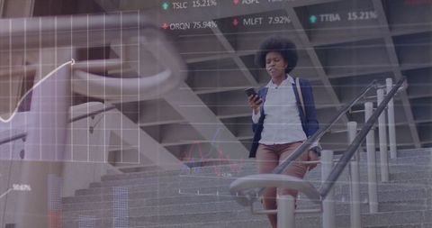 Businesswoman in urban environment checking mobile stock data