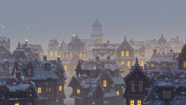 Snowy gabled rooftops at dusk in quaint lantern-lit european village winter twilight