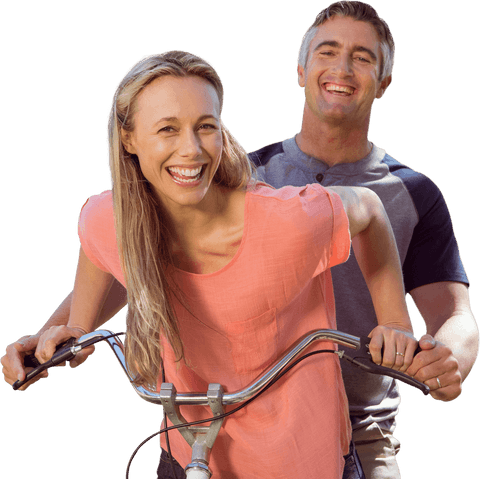 Laughing Mature Couple Riding a Bicycle with Transparent Background
