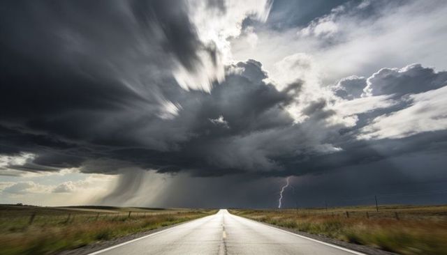 Stretching Rural Highway Leading into Dramatic Thunderstorm with Lightning Strike and Rain