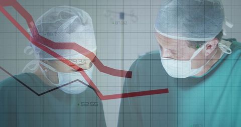 Surgeons in Operating Room with Financial Graph Overlay