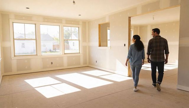 Couple touring unfinished home interior with sunlit triple windows renovation walkthrough