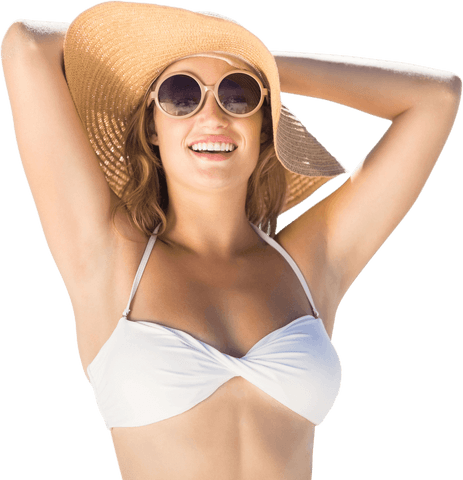Smiling Woman in Sunglasses Touring Summer Paradise Background