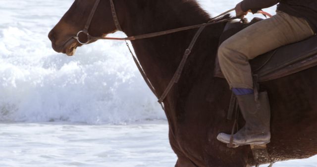 Person enjoying horseback riding along a seaside with waves creating a scenic and adventurous backdrop. Ideal for travel promotions, outdoor activity advertisements, equestrian blog posts, and nature-themed projects.