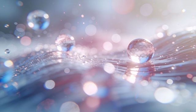Crystal droplet resting on rippled shiny surface with pastel bokeh and soft light glow