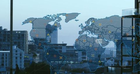 Translucent world map overlaying city skyline showing network nodes and risk markers