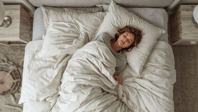 Woman sleeping peacefully in neutral cozy bed with white duvet and minimalist bedroom