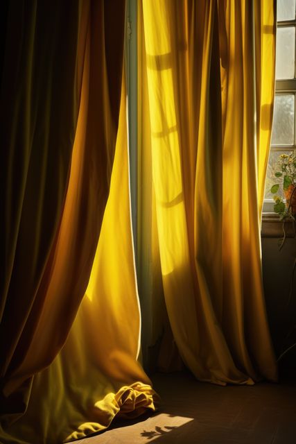 Yellow curtains hanging in room with window, created using generative ai technology. Interior design, home decor and fabric concept digitally generated image.