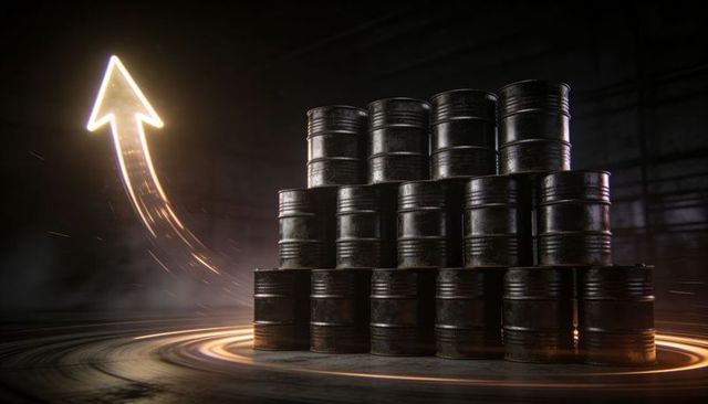 Stacked rusted oil barrels with glowing upward arrow representing energy price surge