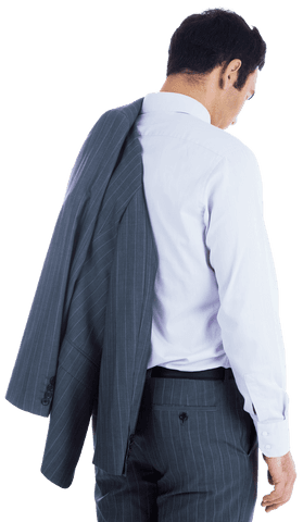 Transparent Asian Businessman Holding Jacket and Looking Down
