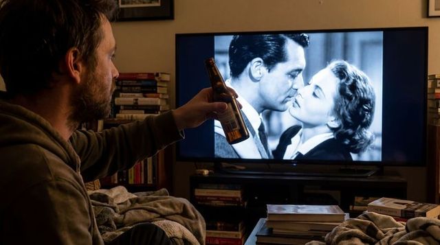Man in hoodie watching classic black and white film with beer and books at home