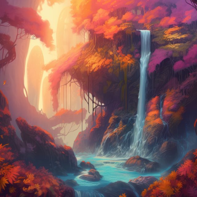 Fantasy landscape with waterfall and river in forest created using generative ai technology. Fantasy, imagination and colour concept digitally generated image.