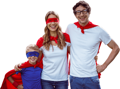 Happy Family in Superhero Costumes with Transparent Background