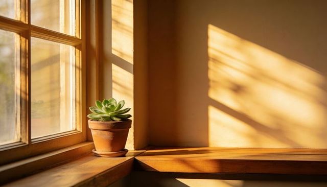 Sunlit succulent on wooden windowsill casting warm shadows and cozy interior light