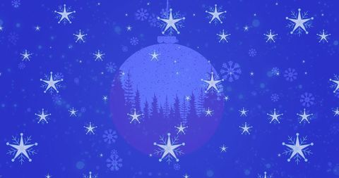 Festive Blue Snowflakes over Winter Fir Tree Scene