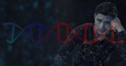 Leaning man in virtual lab with dna strands and network nodes