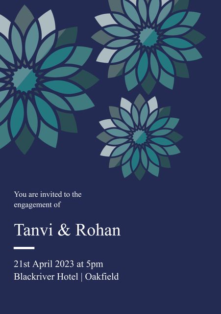 Elegant engagement invitation card featuring green floral design on a blue background. Suitable for personalizing with engagement or wedding details. Ideal for digital or printed invitations, cards, or wedding stationery.