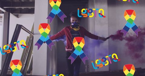 Activist supporting lgbtq rights with vibrant smoke and colorful ribbons