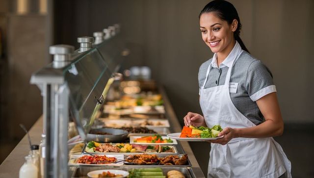Smiling server serving fresh salad and roasted vegetables at cafeteria buffet counter