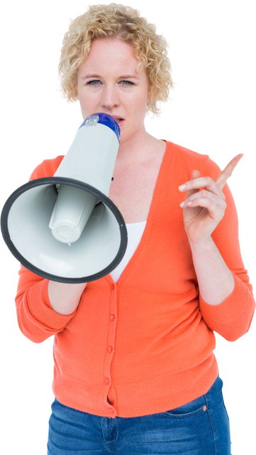 Transparent Image of Woman Speaking into Megaphone with Finger Raised - Download Free Stock Videos Pikwizard.com