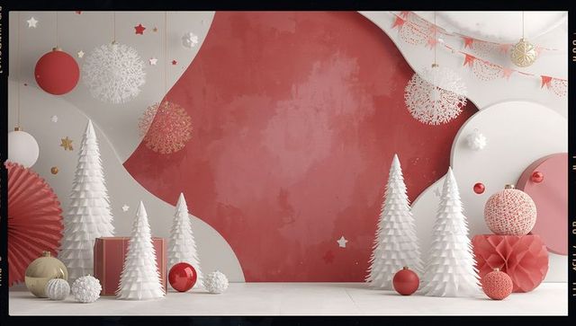 Elegant Holiday Scene with Cone-Shaped Trees and Red Accents