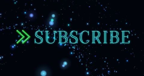 Glowing neon cyan subscribe call-to-action with green chevrons on dark starfield bokeh
