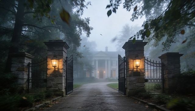 Gates welcoming foggy neoclassical mansion with lanterns guiding winding driveway