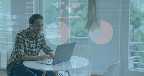 Remote analyst working on laptop in bright home office with data visualization overlay
