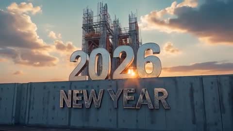 Sunlit 2026 New Year Numerals Rising Behind Concrete Wall with Exposed Rebar at Sunrise