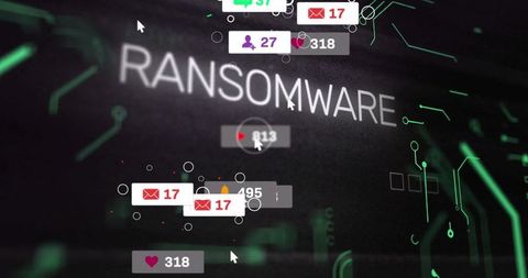 Ransomware Alert with Icons and Digital Circuit Design