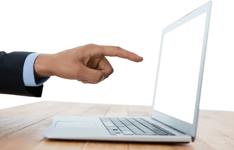 transparent hand pointing at blank laptop screen on wooden desk - Download Free Stock Videos Pikwizard.com