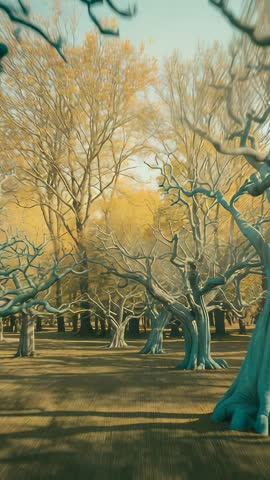 Vertical video gliding through grove of twisted trunks with golden autumn canopy