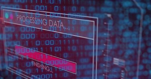 Futuristic data processing ui showing binary overlay and magenta finishing progress bar