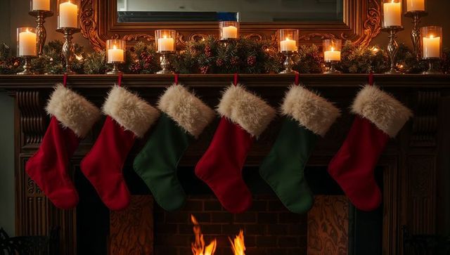 Traditional Hearth Adorned with Festive Stockings and Candlelit Garland