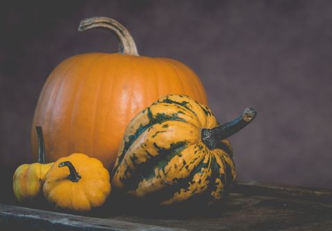 Autumn still life with pumpkins and gourds on wooden table