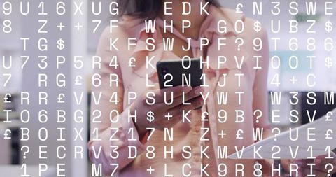 Businesswoman Holding Smartphone with Data Overlay for Cybersecurity and Remote Work