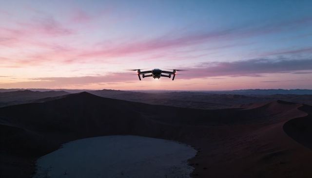 Hovering quadcopter over steep desert dune at pastel twilight horizon for tech travel