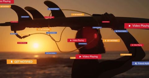 Surfer Silhouette at Sunset with Floating Digital Interface Alerts