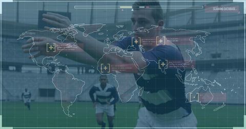 Digital interface overlaying global football competition