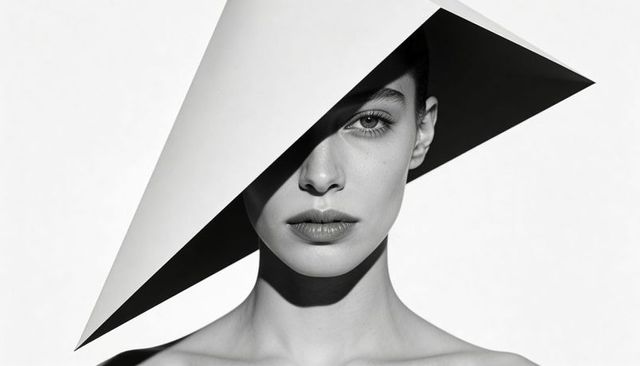 Wearing folded paper visor, posing with triangular shadow, monochrome minimalist portrait