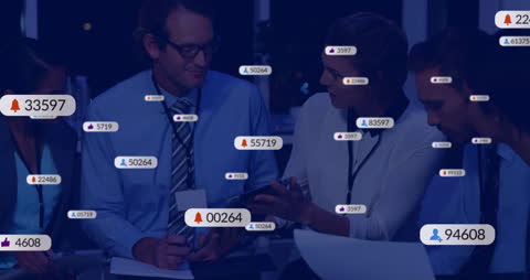 Business Team Analyzing Digital Metrics with Interactive Icons