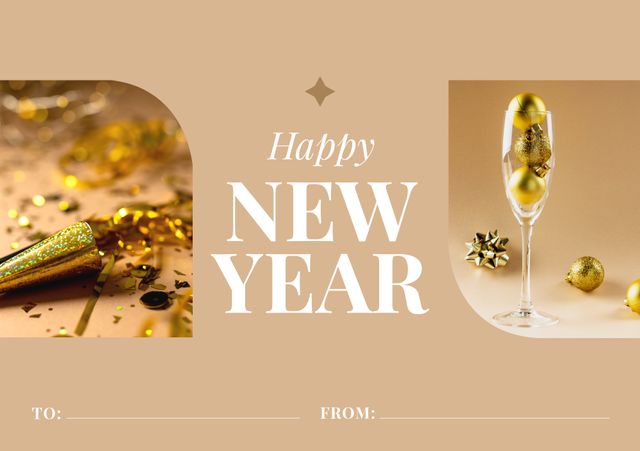 Festive greeting card featuring Happy New Year text, champagne flute filled with golden ornaments, and a party horn surrounded by glitter and confetti. Ideal for sending New Year wishes, invitations, or social media greetings.