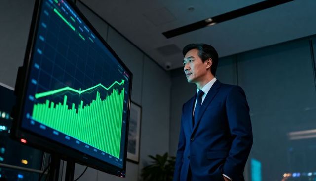 Asian executive studying upward financial chart on monitor in night office corporate analytics