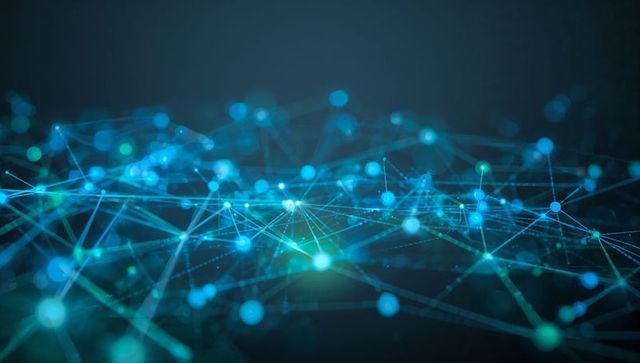 Glowing Neural Network Mesh Connecting Digital Nodes in Teal Blue Gradient