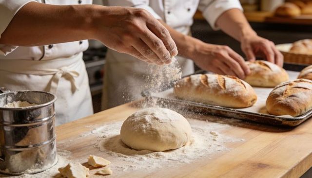 Bakers sprinkling flour over dough while shaping artisan loaves on wooden counter