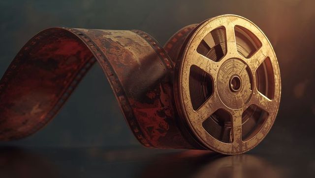 Vintage film reel with unspooled film strip