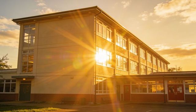 Sunlit three-story school building glowing at golden hour with lens flare